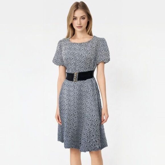 60s Mod Black Silver Metallic Print Dress Polyester Vintage L XL 40 Bust - Picture 2 of 10